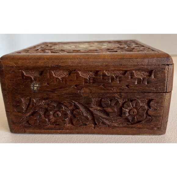 VTG Hand Carved Wooden Box Mother Pearl Inlay Trinket Hinged Lid 5”X5”X2.5” - Picture 8 of 13